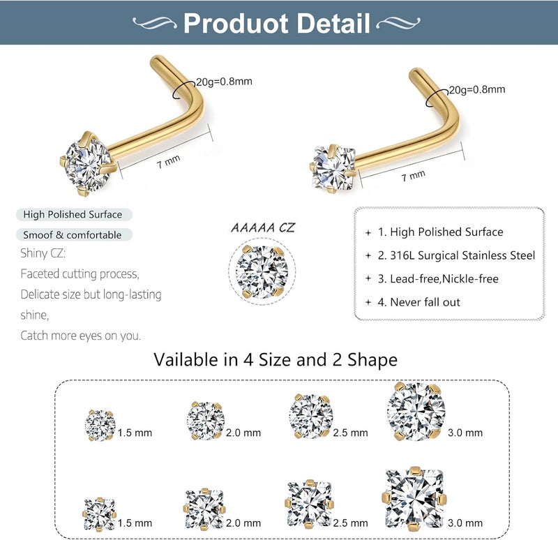 XoCiuKe 10Pcs 20G Nose Rings Studs for Women Corkscrew Sliver Nose Studs Hypoallergenic Nose Rings 316L Surgical Stainless Steel Nose Nostril Percing Jewely for Women Men Round Square CZ Imitation Diamond 1.5mm/2.0mm/2.5mm/3.0mm - Image 1